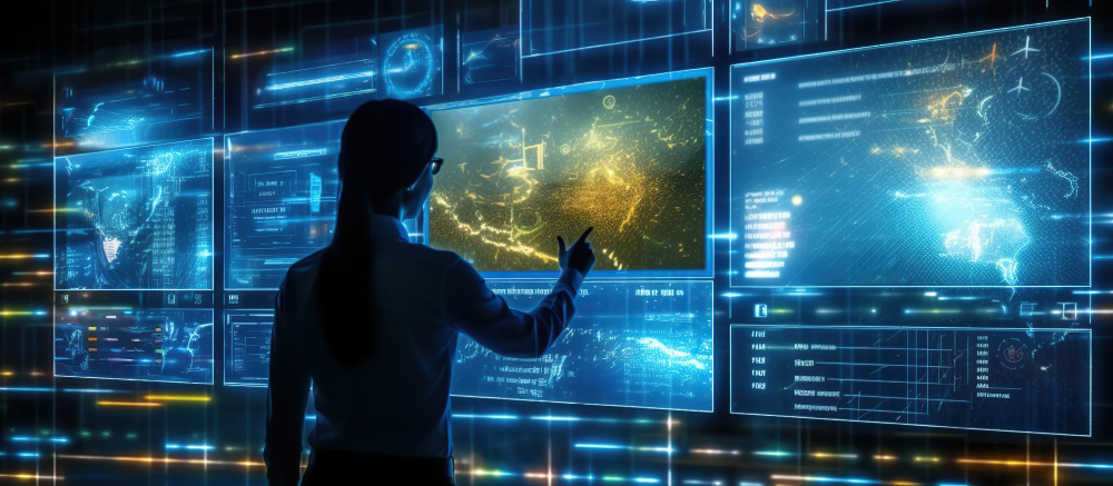 Imagem de uma mulher olhando para várias telas, com referências futurísticas e que remetem a tendências de segurança de dados